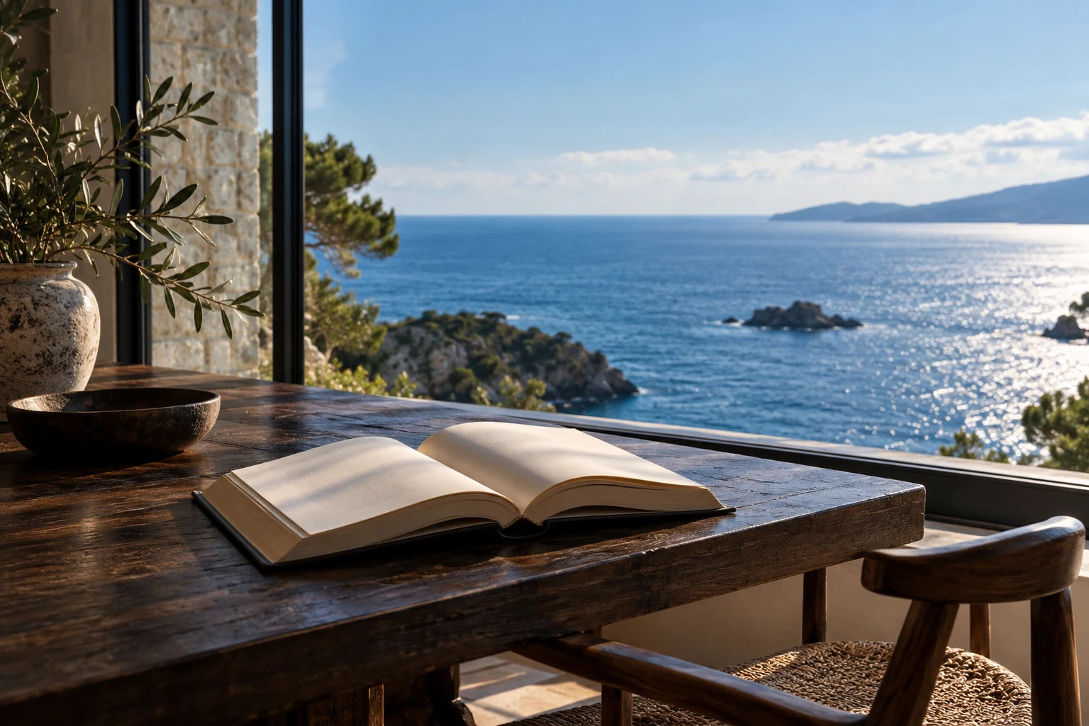 An open book beside a sunlit window overlooking the blue ocean